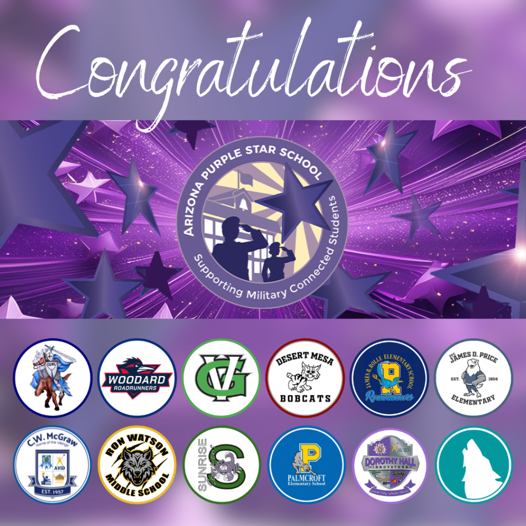 A purple graphic with the text 'Congratulations' features the Purple Star School logo and 12 school emblems.